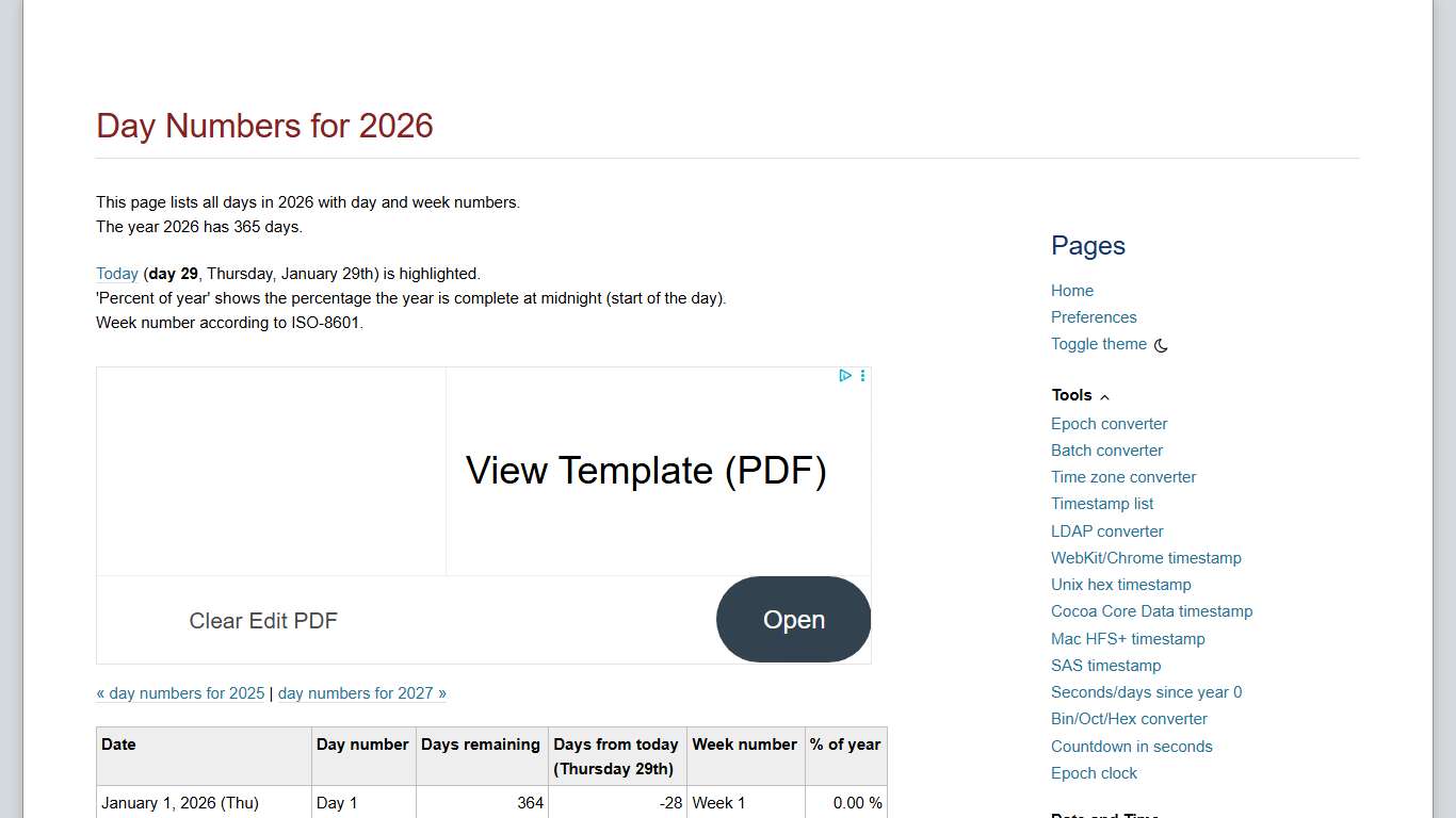 Day Numbers for 2026